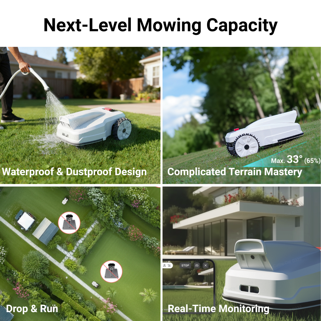 Robotic lawn mower with features highlighted on a grassy background
